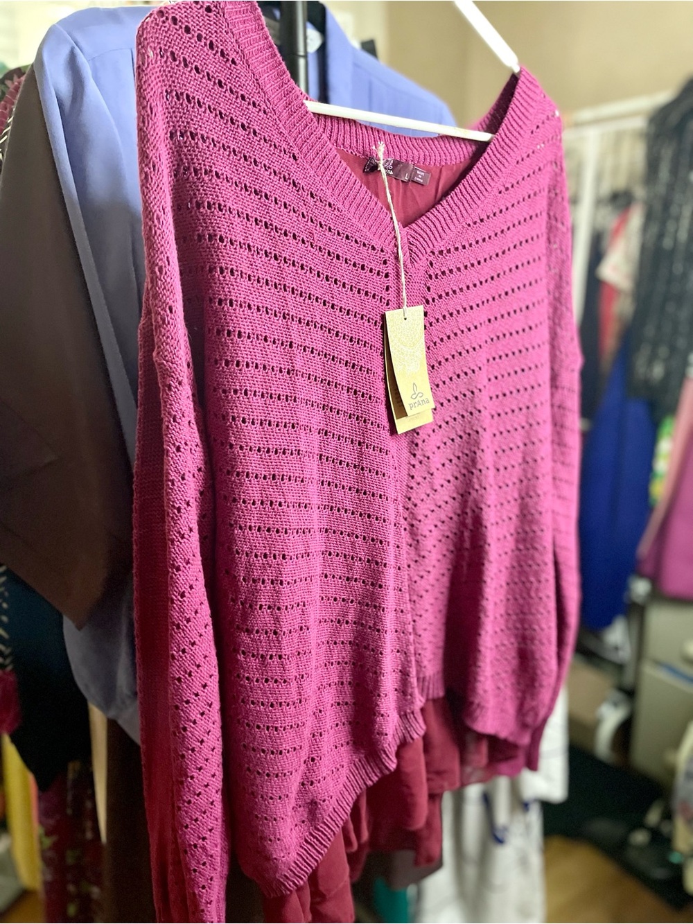Prana Open-Knit V-Neck Sweater in Fuchsia